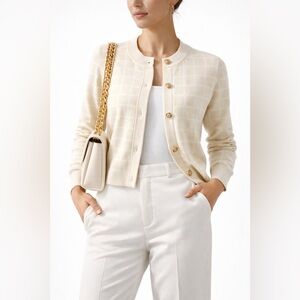 Marled Cream Knit Cardigan Gold Crest Buttons Quiet Luxury Soft Knit XS NWT